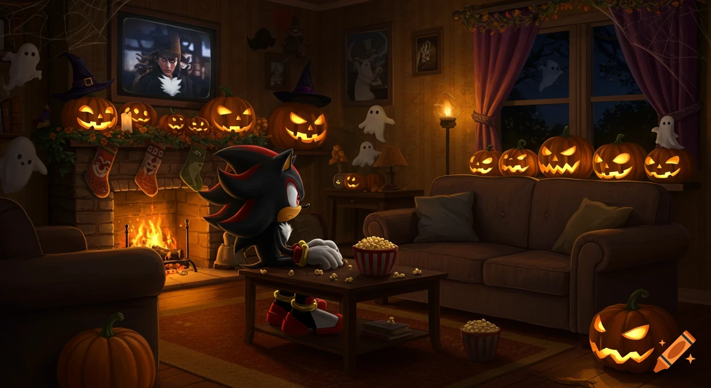 Shadow the Hedgehog watches a movie in a cozy, dark living room adorned with glowing jack-o'-lanterns, ghosts, and Halloween decor.