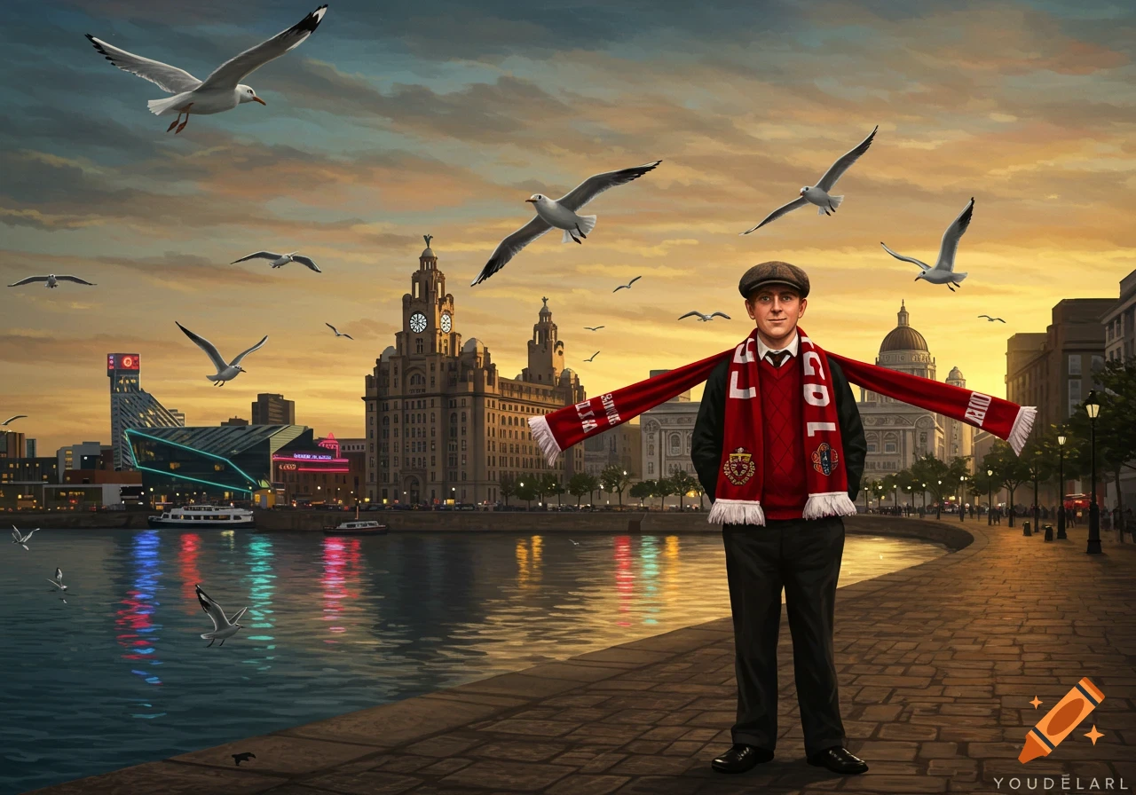 A man in a red scarf and flat cap stands by the water in Liverpool, with the Liver Building and other city structures in the background at sunset, seagulls flying overhead.