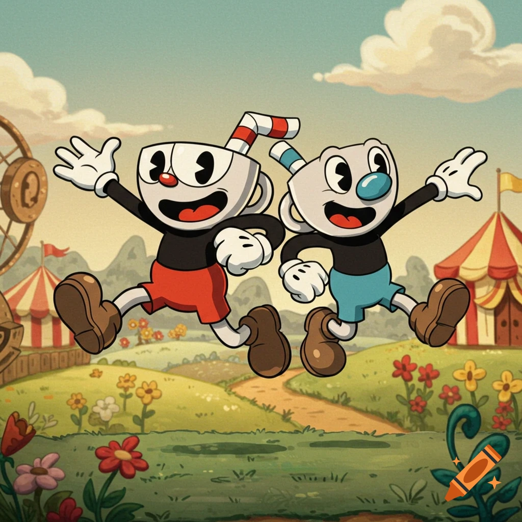Cuphead and Mugman joyfully jumping in a vibrant carnival setting with tents and a Ferris wheel, in a retro cartoon style.