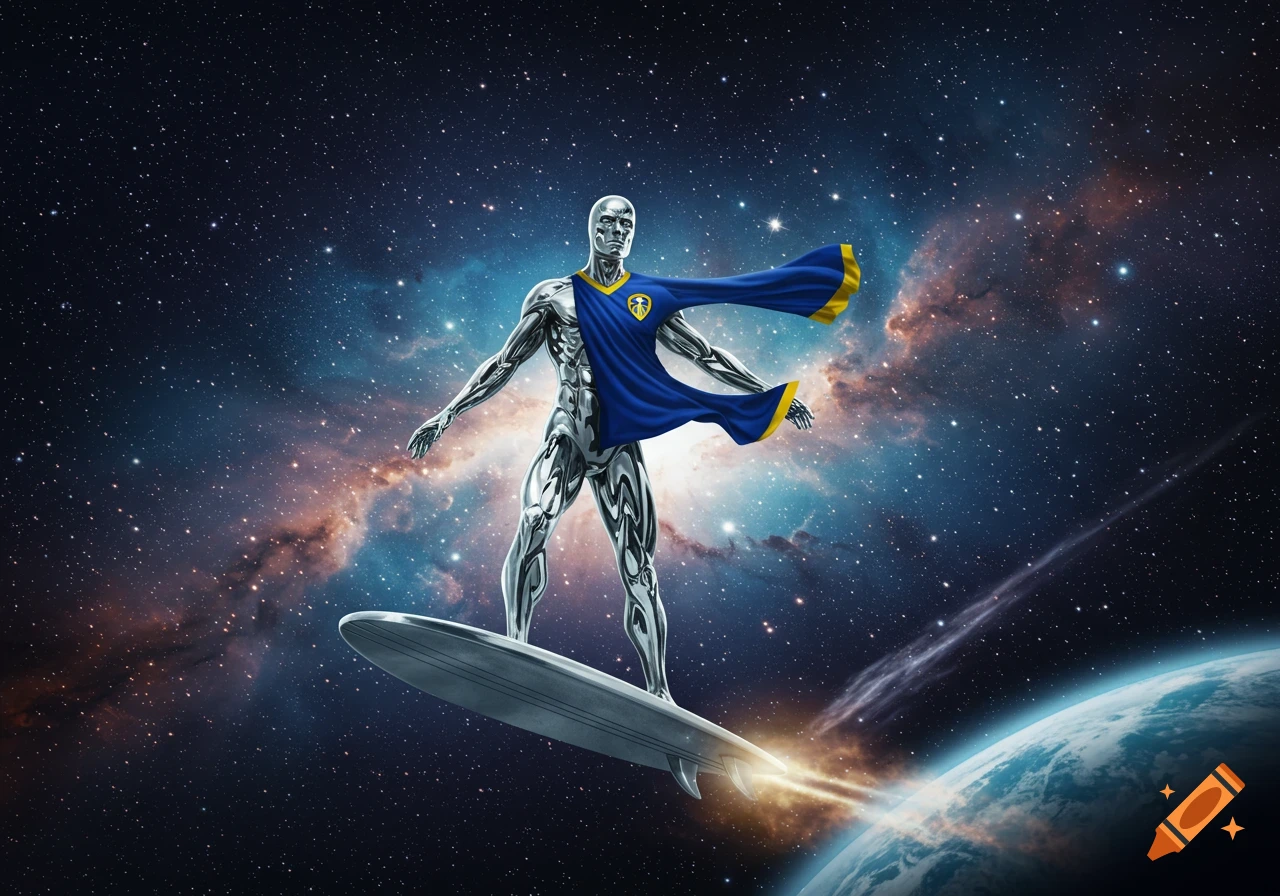 Silver Surfer in a blue Leeds United shirt, riding his surfboard through a starry galaxy with Earth in the background.