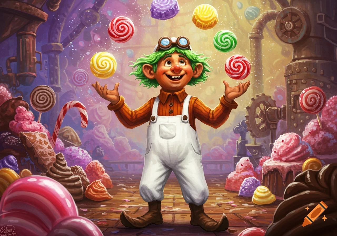 A whimsical cartoon character with green hair and white overalls juggles colorful candies in a vibrant candy factory.