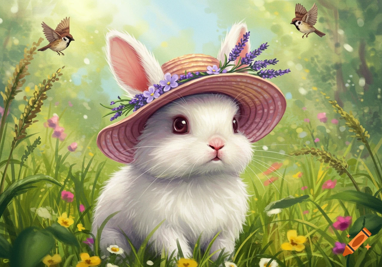 A cute white rabbit wearing a pink straw hat with lavender flowers sits in a vibrant green meadow, with two sparrows flying.