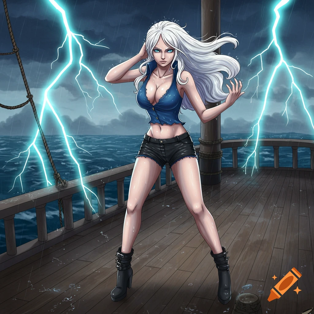 A white-haired female anime character in a blue top and black shorts summons lightning on a stormy ship deck.