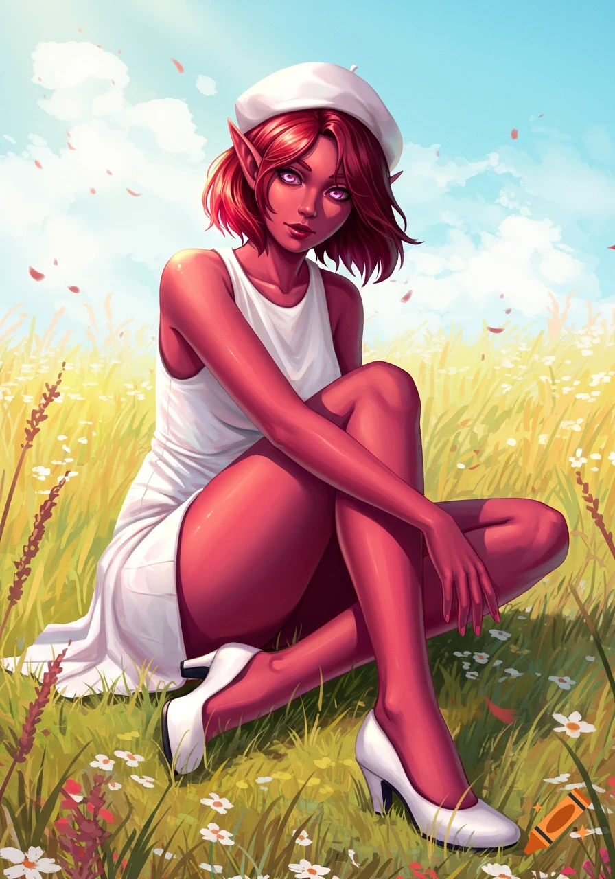 A dark crimson-haired female elf with red-pink skin and pink eyes sits cross-legged in a sunlit field. She wears a white beret, tank top, mini dress, and heels.