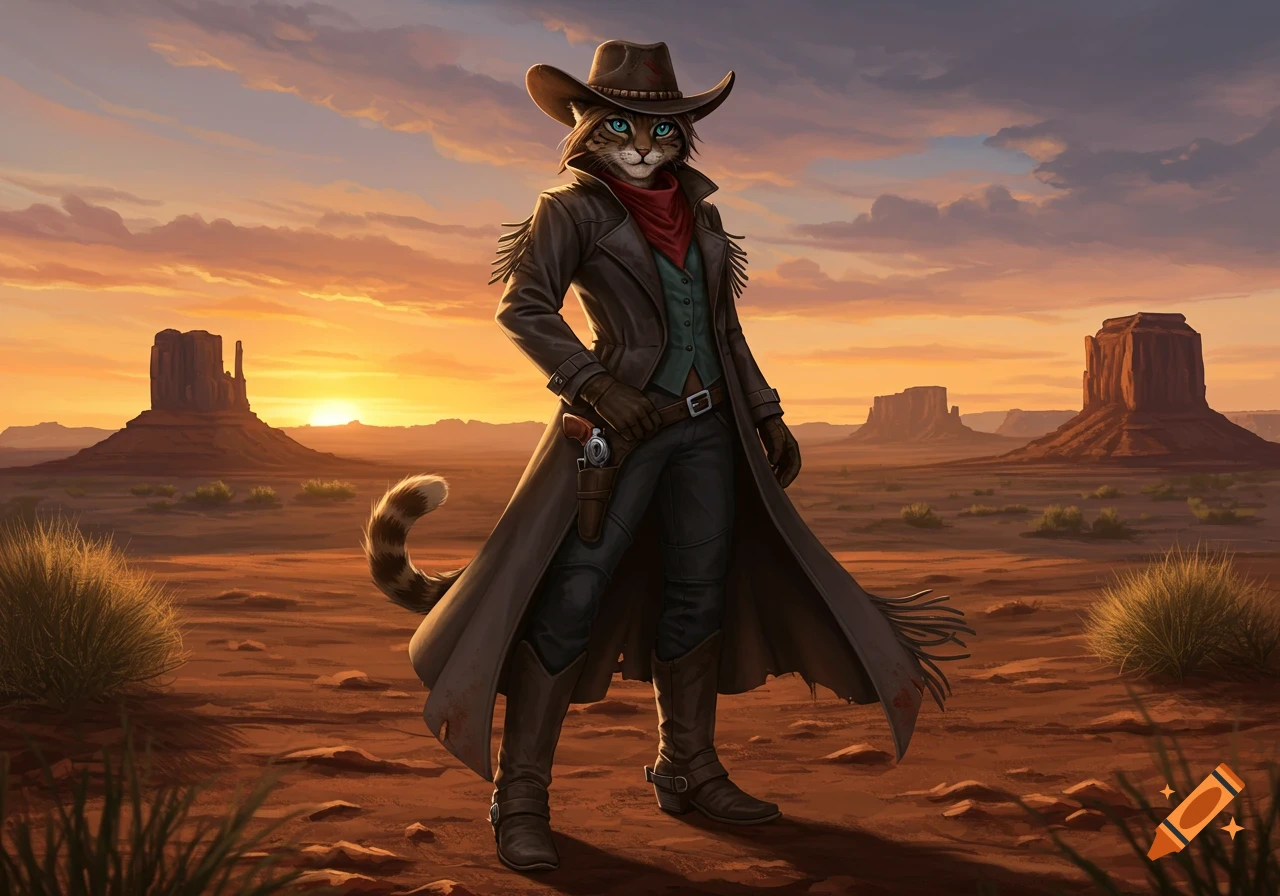 An anthropomorphic cat cowboy in a duster coat and hat stands in a detailed desert landscape at sunset.