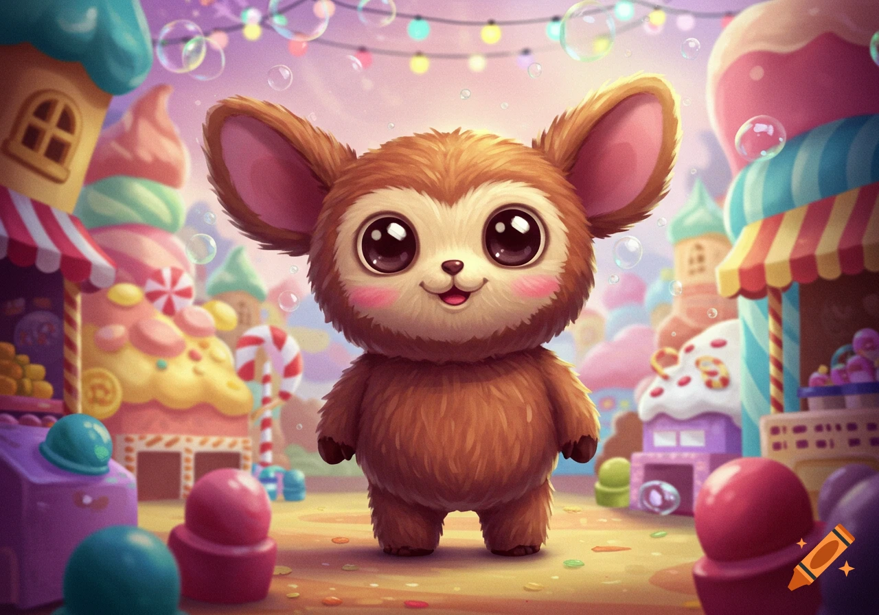 A cute, fluffy, brown creature with large eyes stands smiling in a colorful, whimsical candy land with candy houses and bubbles.