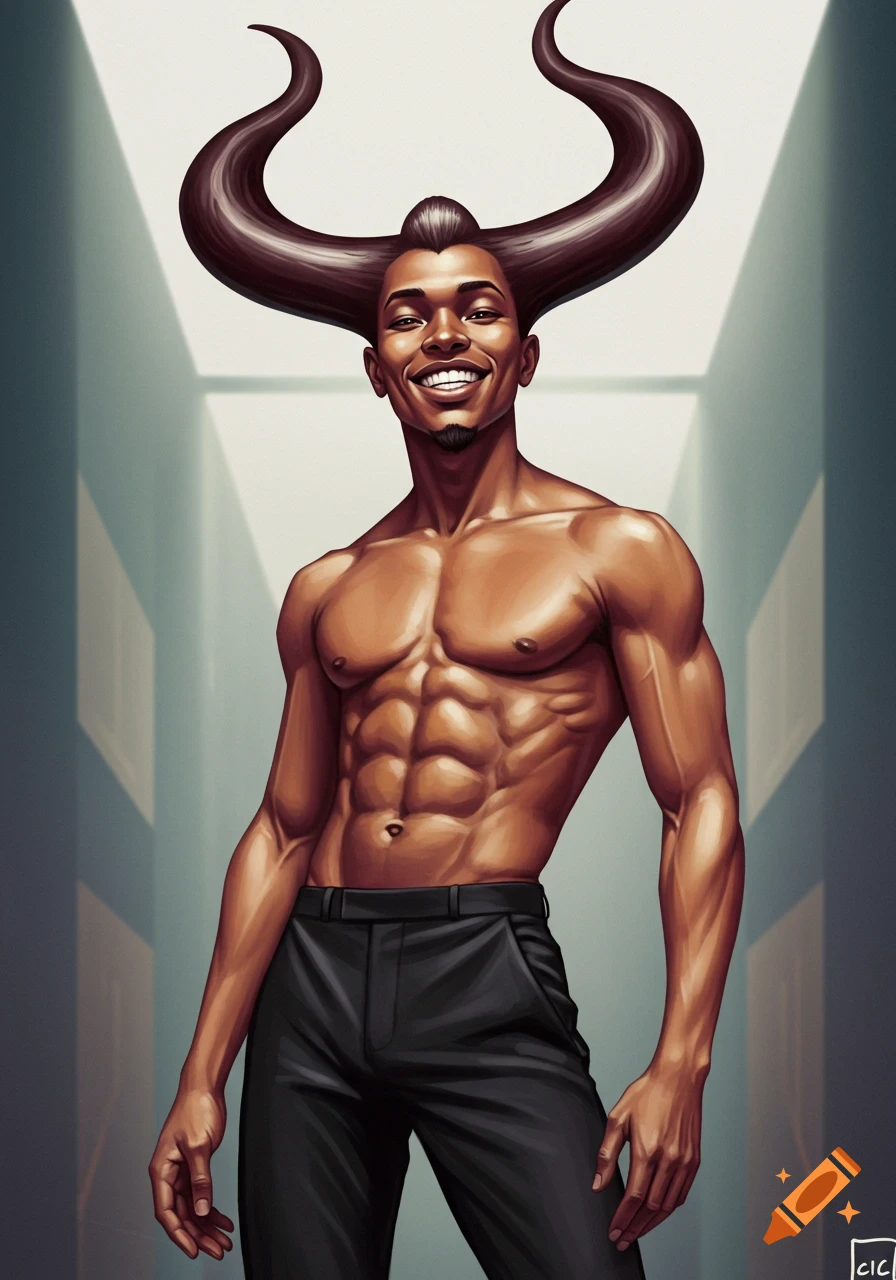 Smiling muscular man with horn-like hair and black pants in a digital art style.