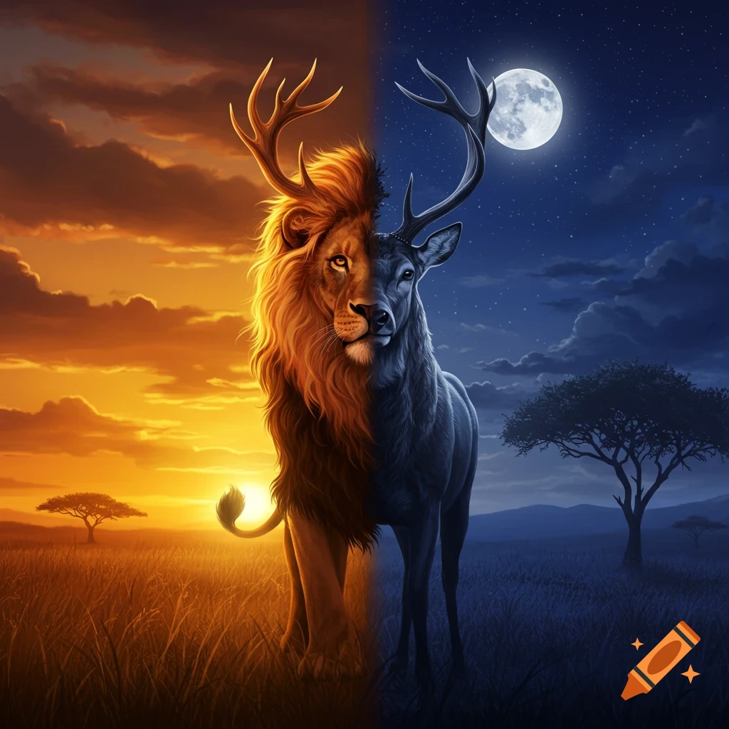 A majestic creature, half lion with a golden sunset and half deer with a starry night and full moon, stands in a savanna.