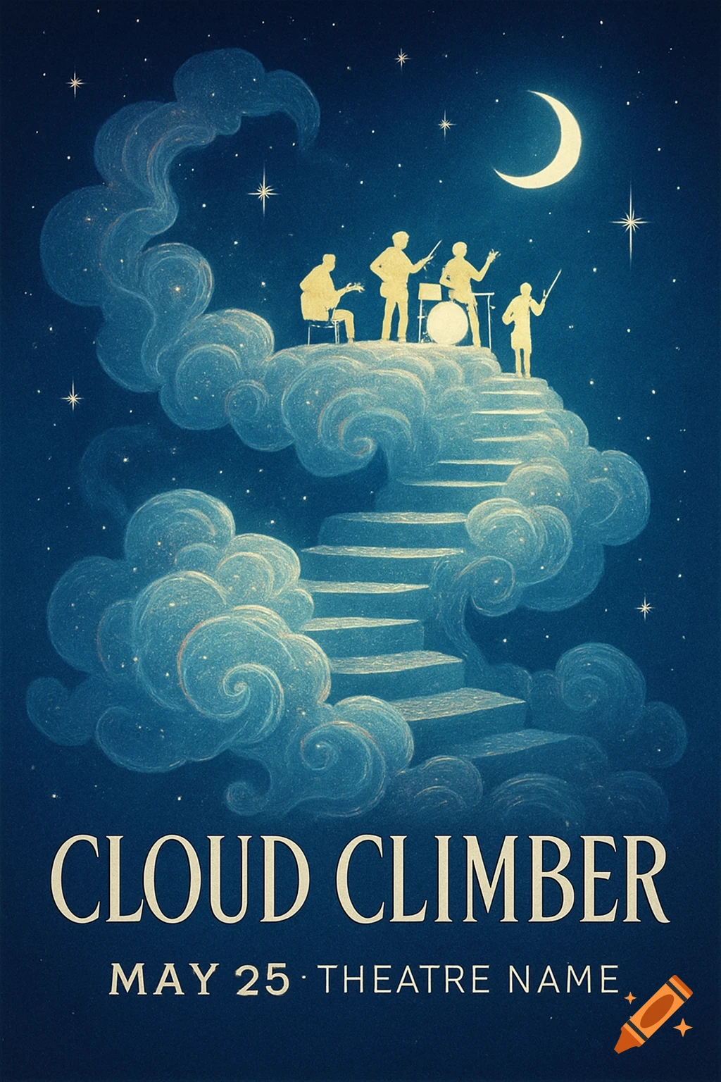 A stylized concert poster featuring a band silhouetted on a cloud staircase under a crescent moon and stars, with "CLOUD CLIMBER" text.
