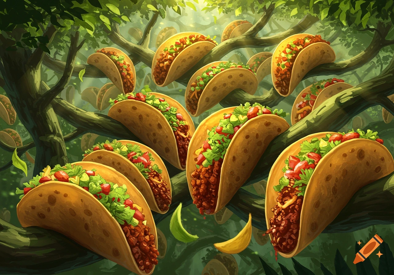Tacos filled with meat and fresh toppings hanging from lush green tree branches, resembling fruit in a vibrant jungle.