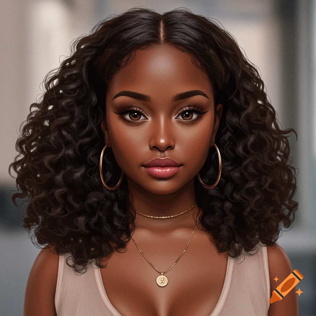 A digital art portrait of a young Black woman with dark curly hair, brown eyes, full lips, gold hoop earrings, and a gold necklace.