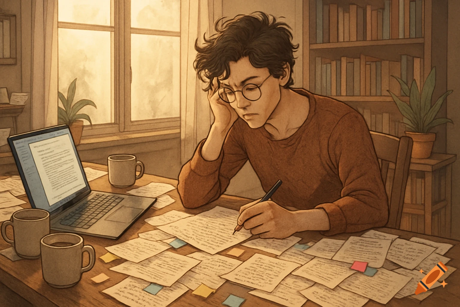 An illustration of a person with messy hair and glasses writing at a cluttered desk with a laptop, papers, and coffee mugs.