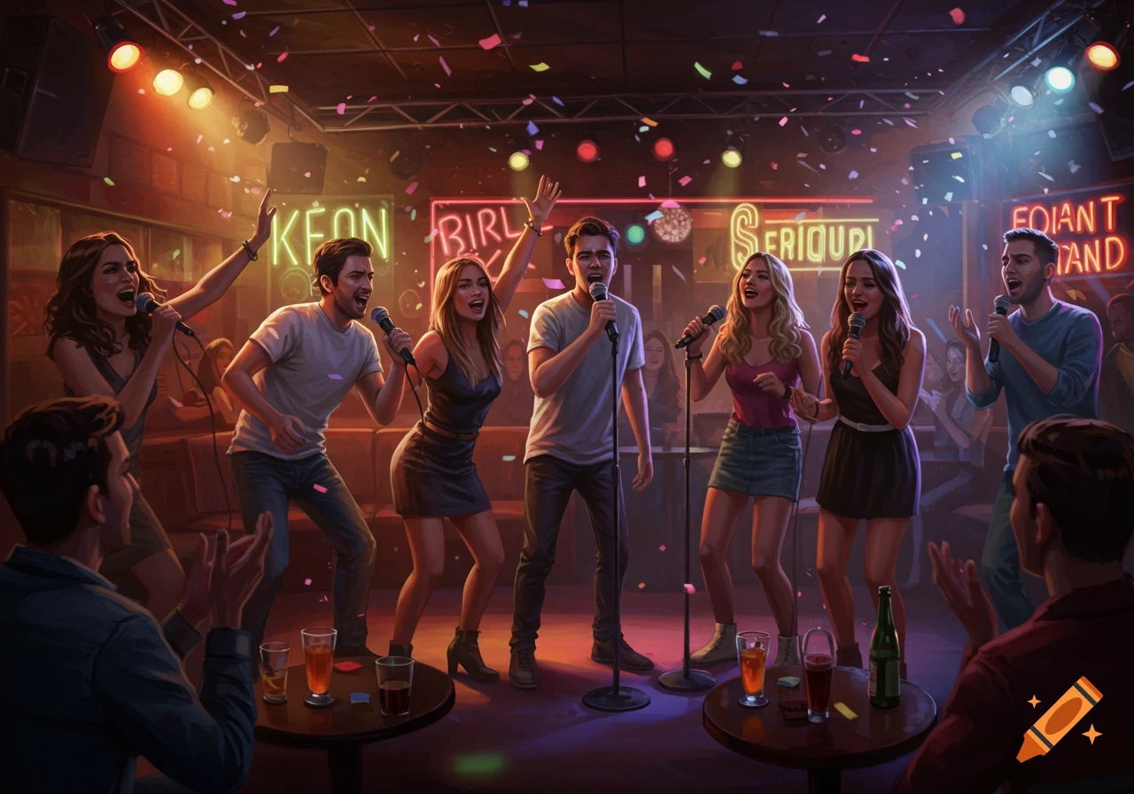A group of friends sing karaoke on a stage in a dimly lit bar, with confetti falling and an audience watching.