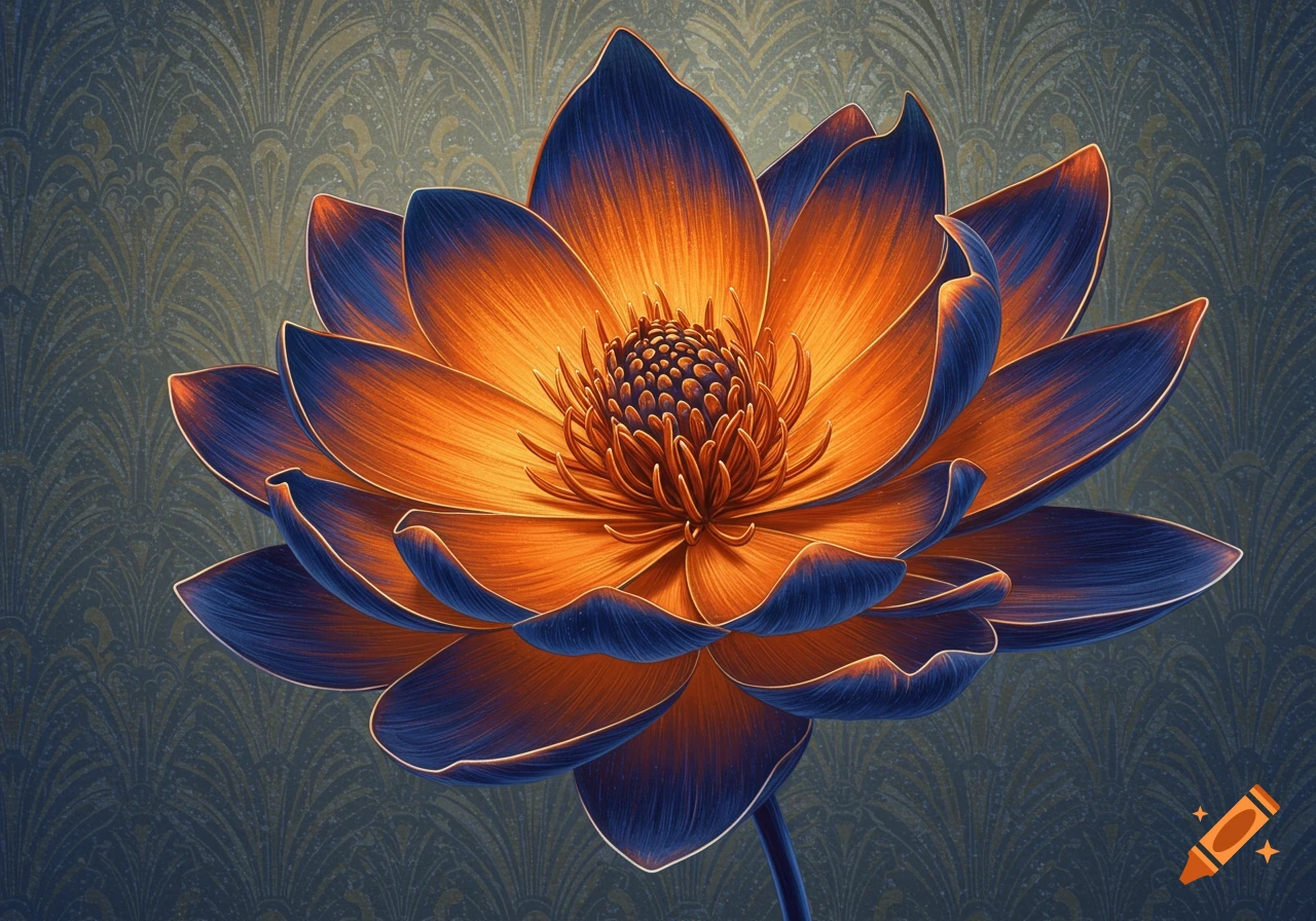 A vibrant orange and blue lotus flower with intricate petals against a detailed patterned background.