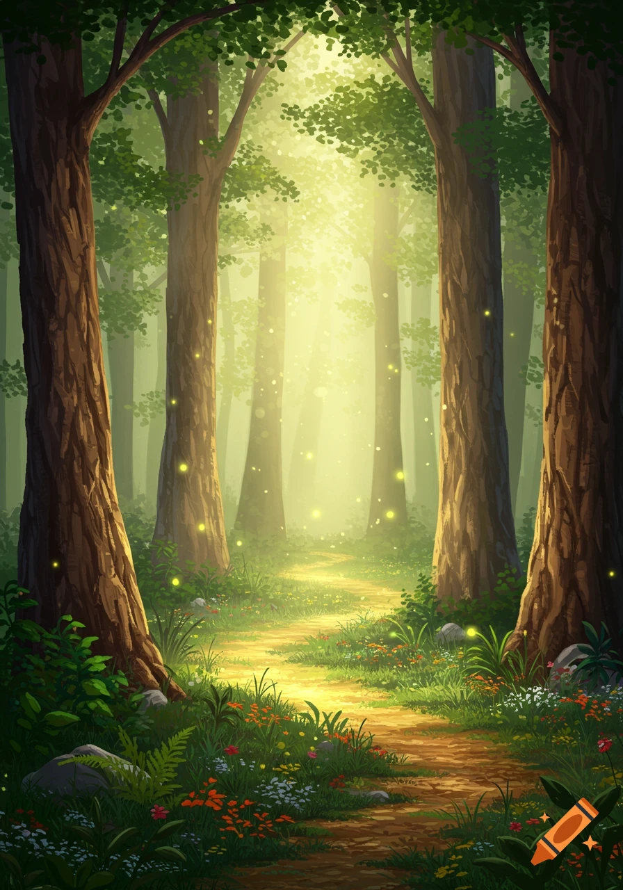A whimsical forest path bathed in golden sunlight, with tall trees, lush green foliage, colorful wildflowers, and glowing firefly-like lights.