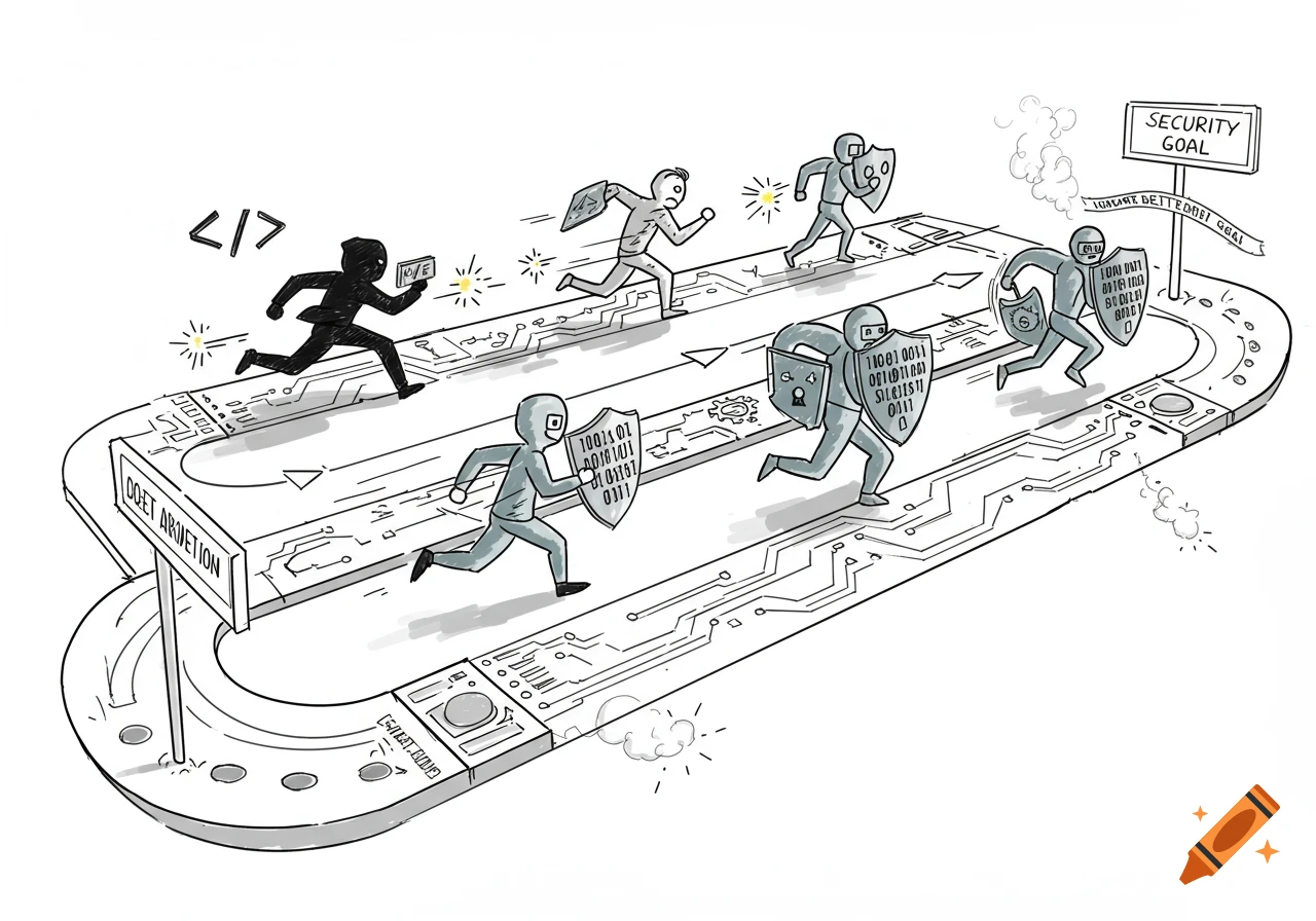 A black-and-white cartoon of cyber attackers and defenders racing on a circuit board track towards a 'SECURITY GOAL' sign.