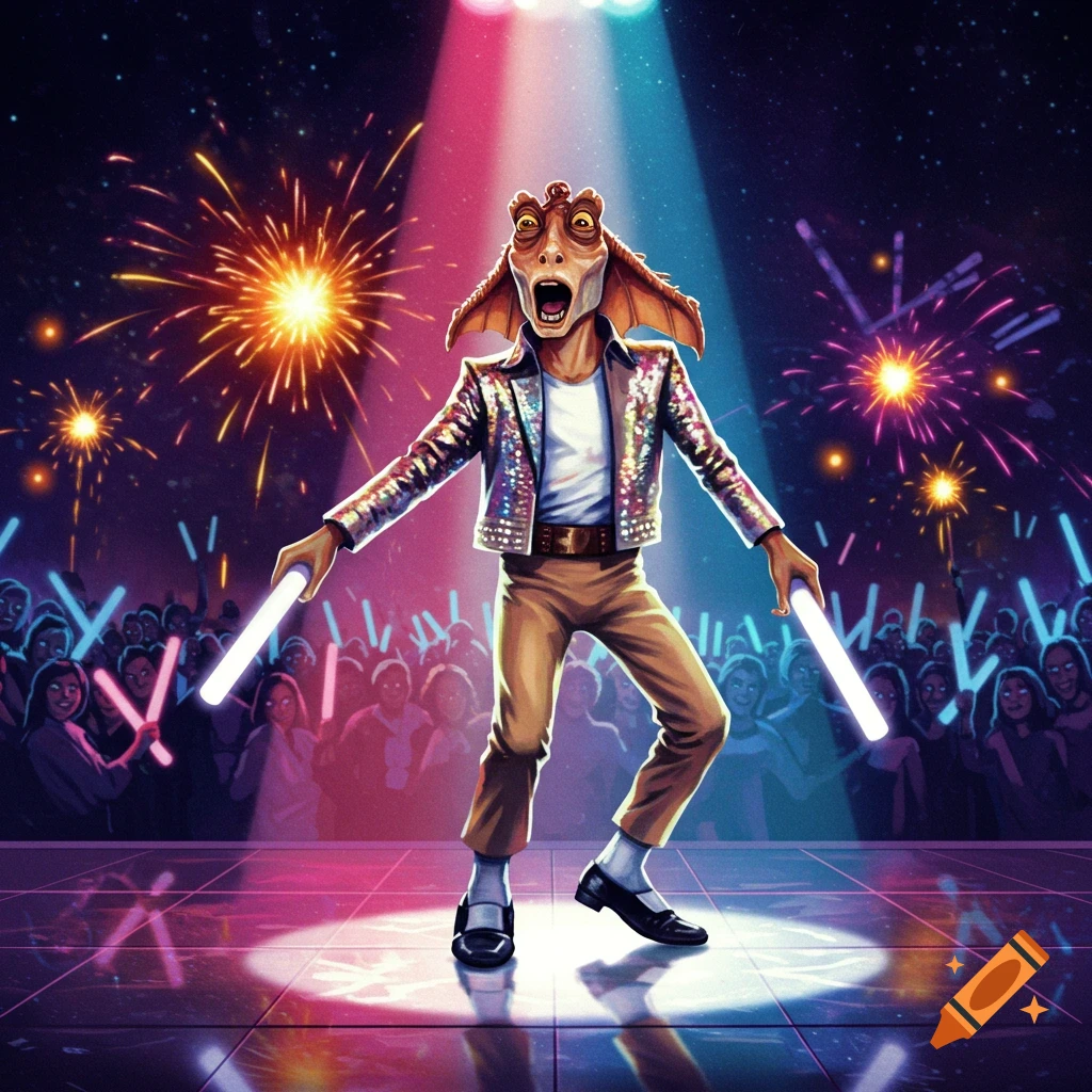 Jar Jar Binks as Michael Jackson, in a sequined jacket, dances on a stage with light sticks before a crowd with fireworks overhead.