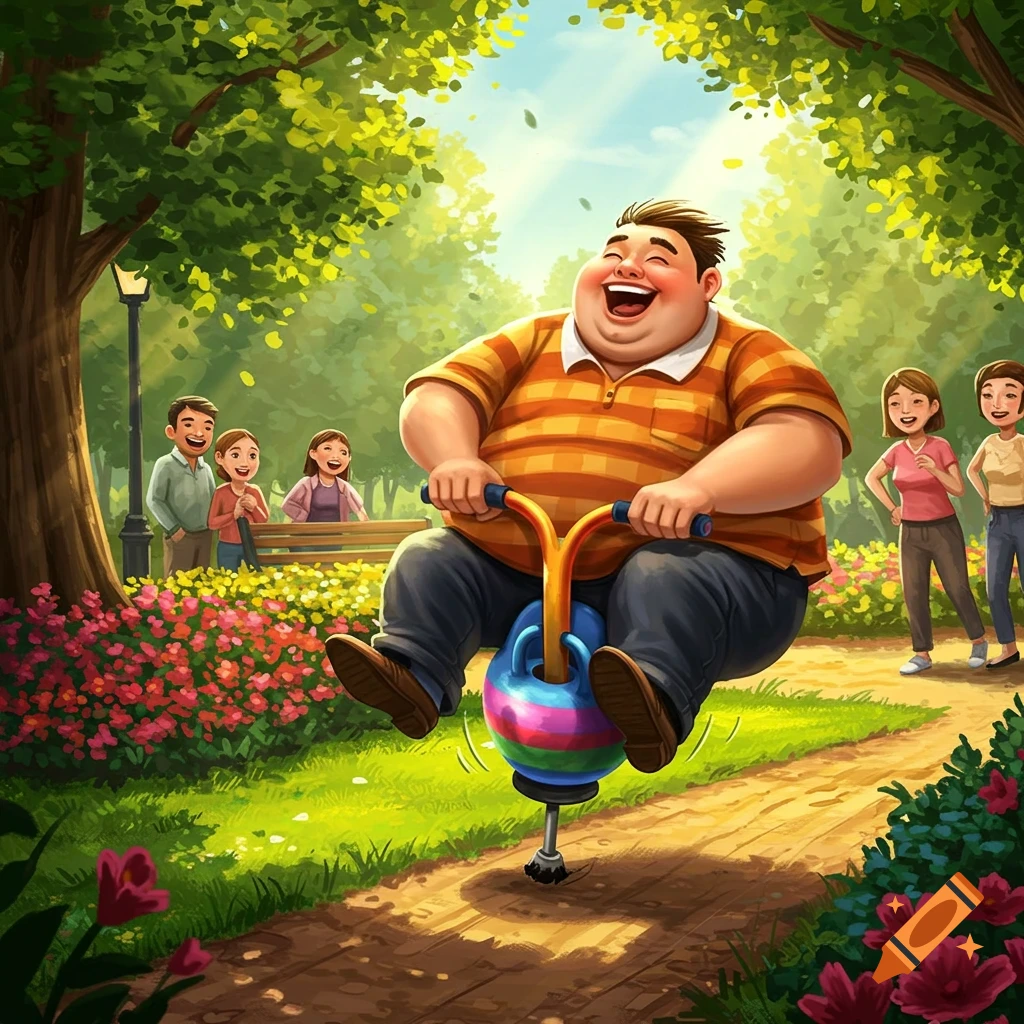 A jovial, overweight man bounces on a pogo stick in a vibrant park, with onlookers, in a cartoon style.