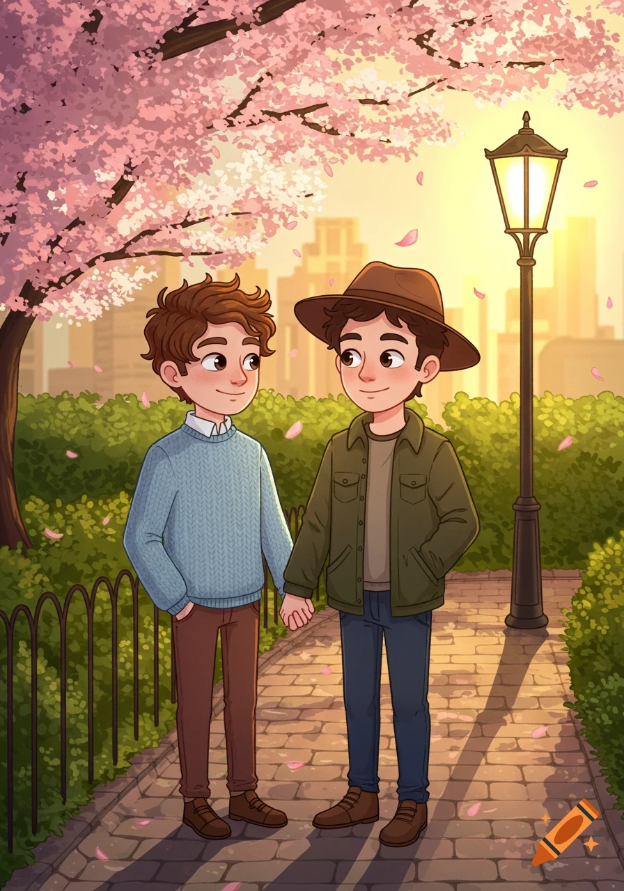 Cartoon illustration of a cute male couple holding hands in a park with pink cherry blossoms at sunset.
