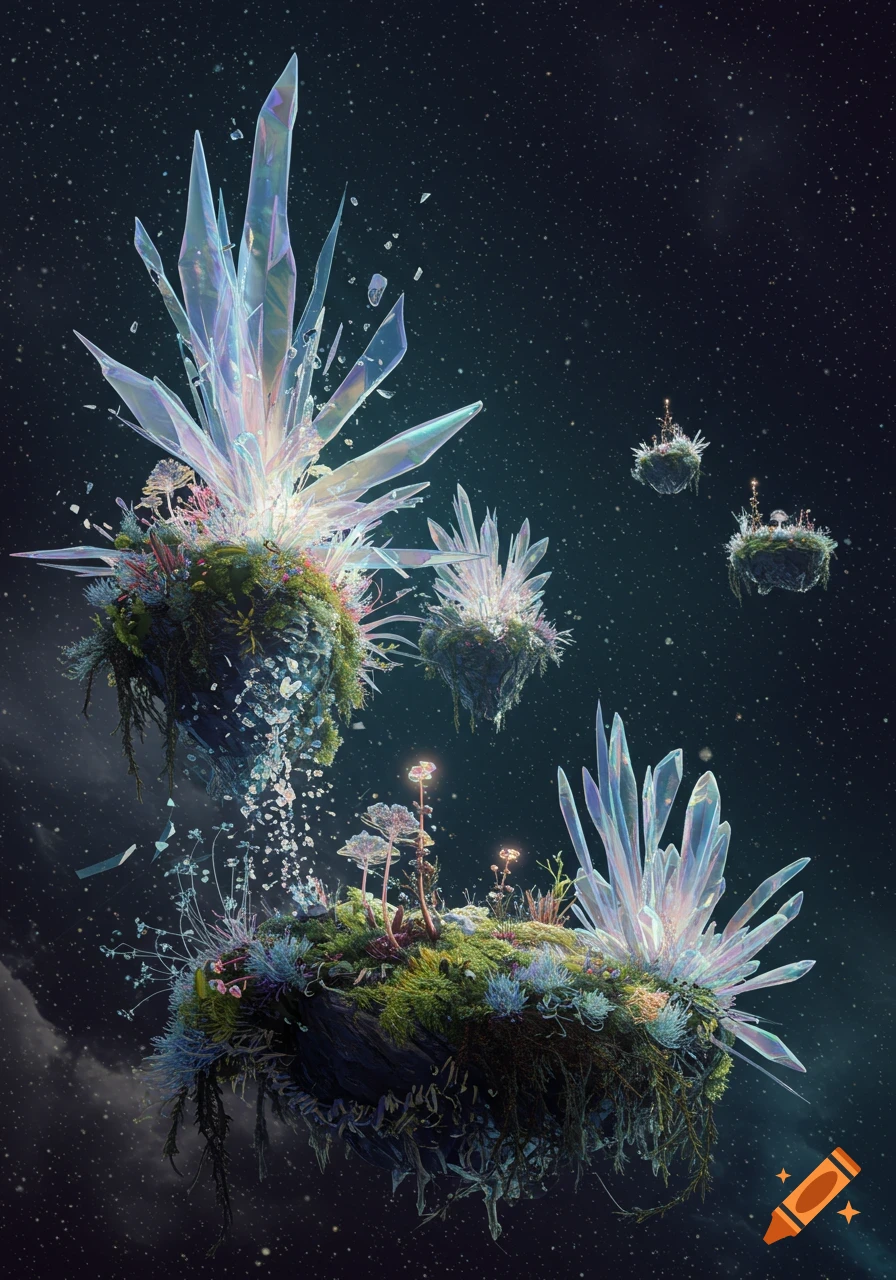 Floating mossy islands with luminous crystals and glowing plants against a star-filled dark sky, ethereal fantasy art.