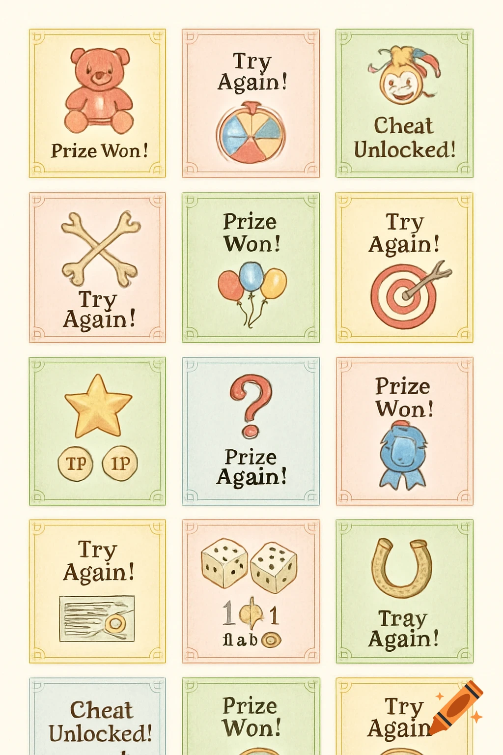 A sheet of fifteen pastel-colored game cards in a hand-drawn style, featuring icons like a teddy bear, balloons, a question mark, dice, and text such as 'Prize Won!', 'Try Again!', and 'Cheat Unlocked!'.