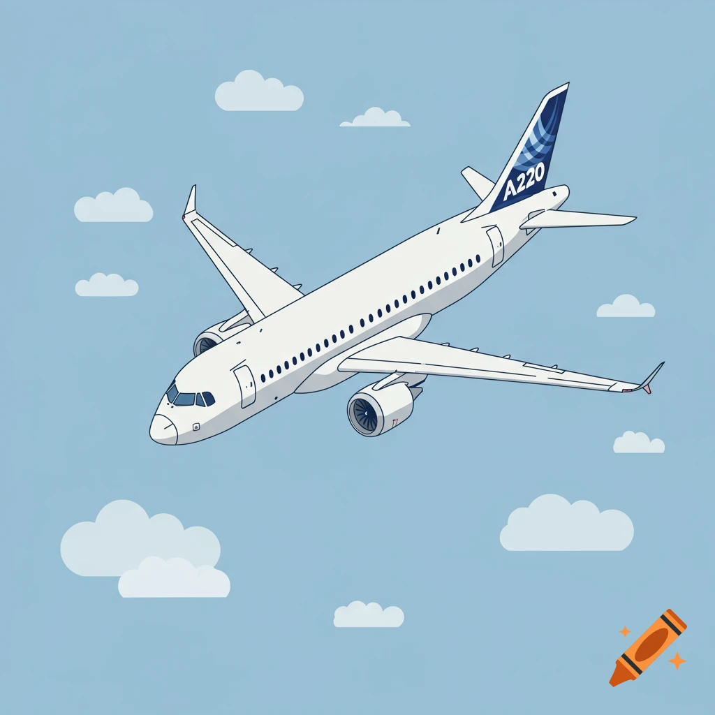 Cartoon illustration of a white A220 airplane flying in a blue sky with white clouds.