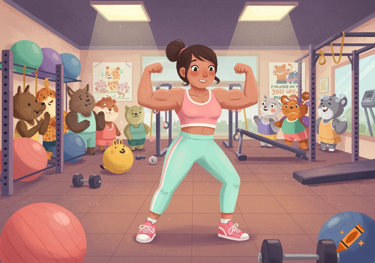 A smiling woman with large muscles flexes in a colorful children's book style gym, surrounded by cheering cartoon animals.