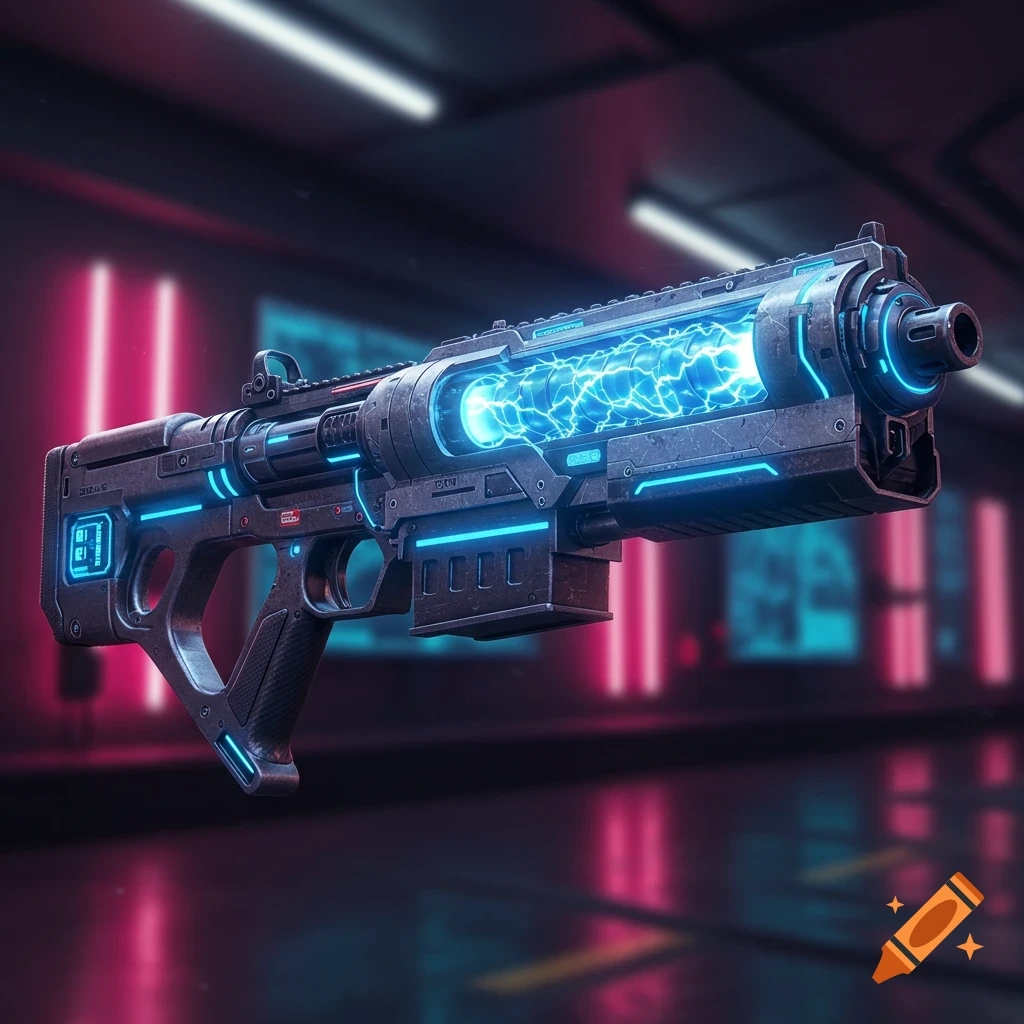 A futuristic plasma rifle with glowing blue energy and neon lights in a dark, sci-fi setting.