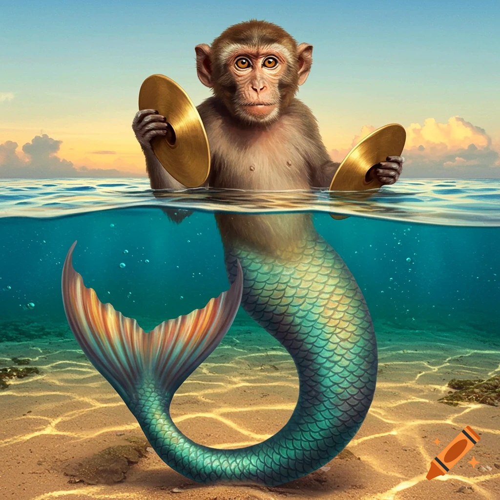 A monkey with a mermaid tail holding cymbals, partially submerged in clear ocean water with a sandy bottom.