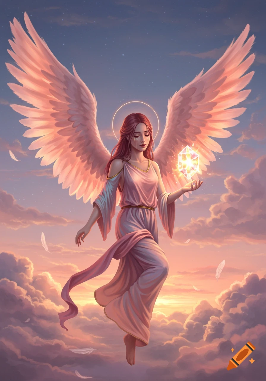 A red-haired angel with large pink wings floats among sunset clouds, wearing a white gown, holding a glowing crystal. Digital painting.