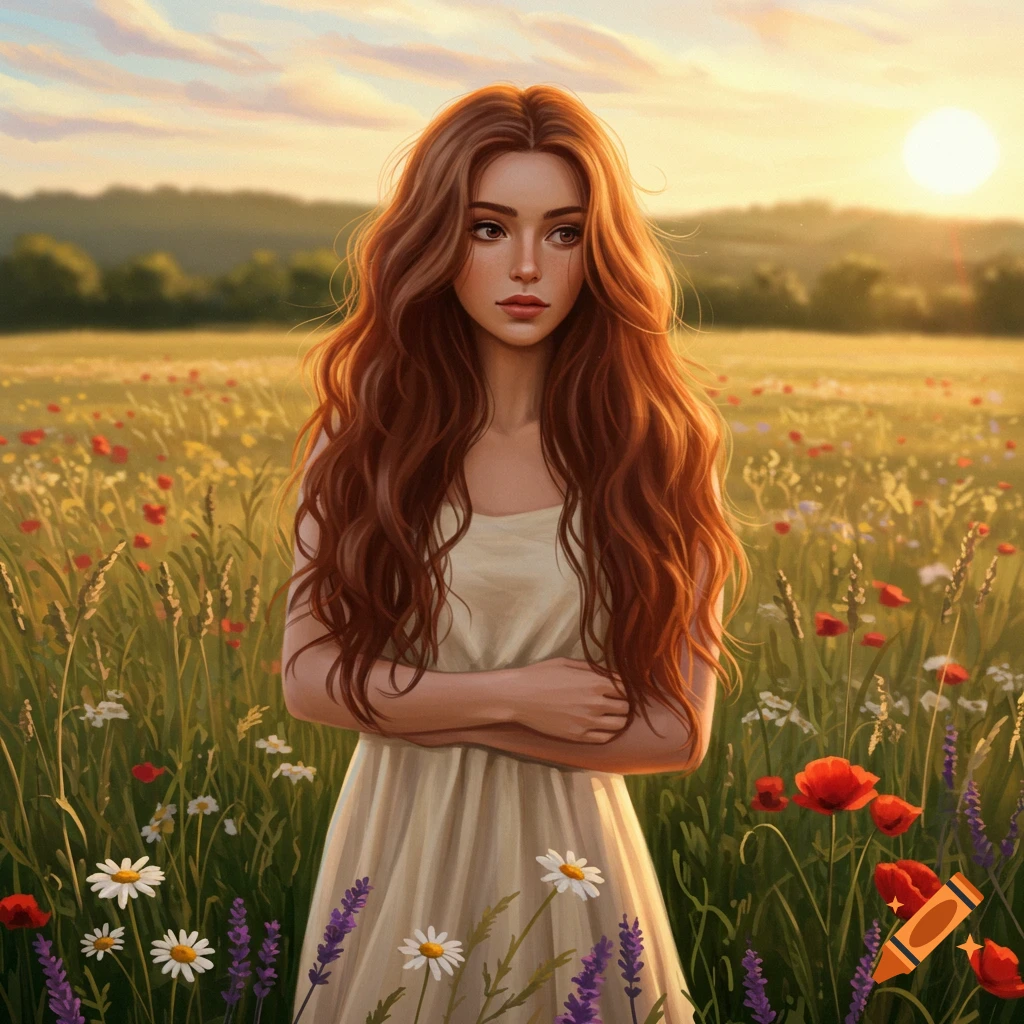 Digital painting of a young woman with long red hair standing in a wildflower field at sunset, arms crossed.