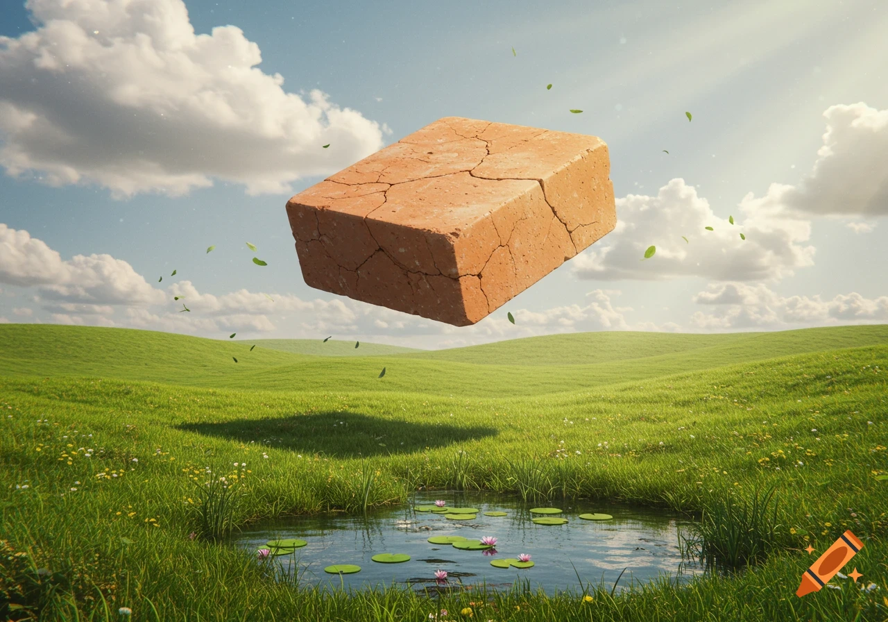 A cracked brick floats over a lush green meadow with a small pond under a blue sky with clouds, with leaves falling around it.