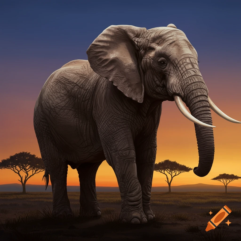 An elephant stands majestically in a savanna at sunset, with acacia trees silhouetted against an orange and blue sky.