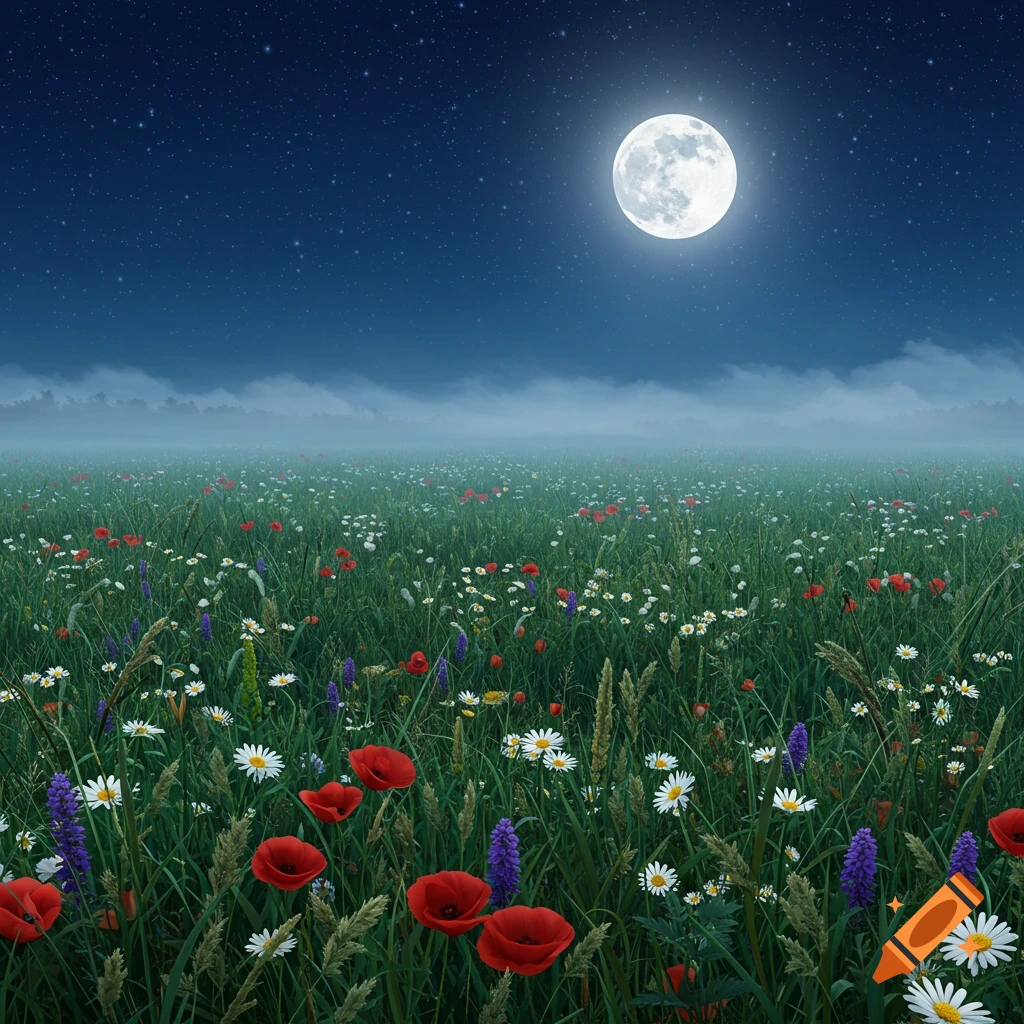 A vibrant meadow with red, white, and purple wildflowers under a starry night sky with a full moon and distant fog.