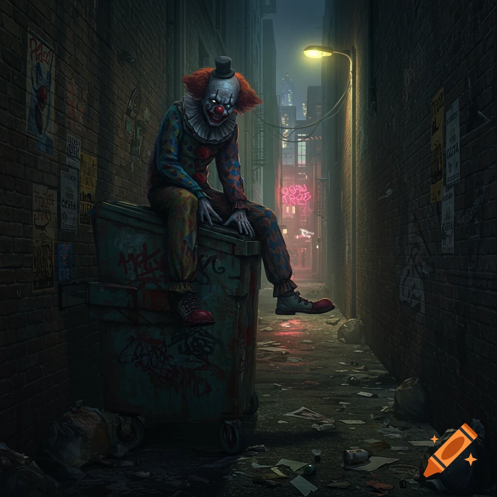 A scary clown with glowing eyes and a top hat sits on a dumpster in a dark, trash-filled alleyway, illuminated by a single streetlamp.