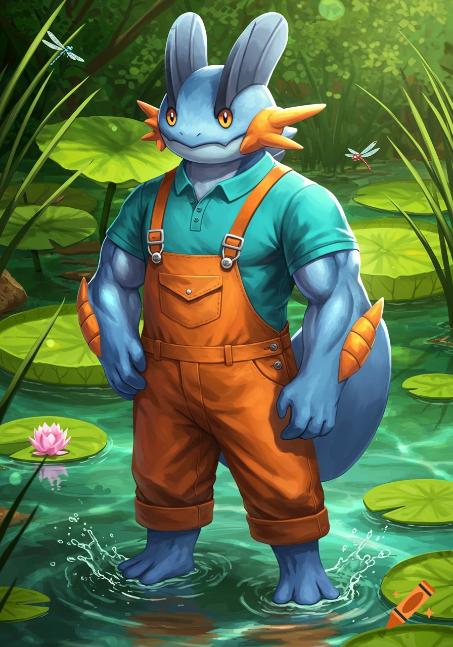 Muscular Swampert from Pokemon in teal polo and orange overalls stands in a vibrant green swamp with lily pads and dragonflies.