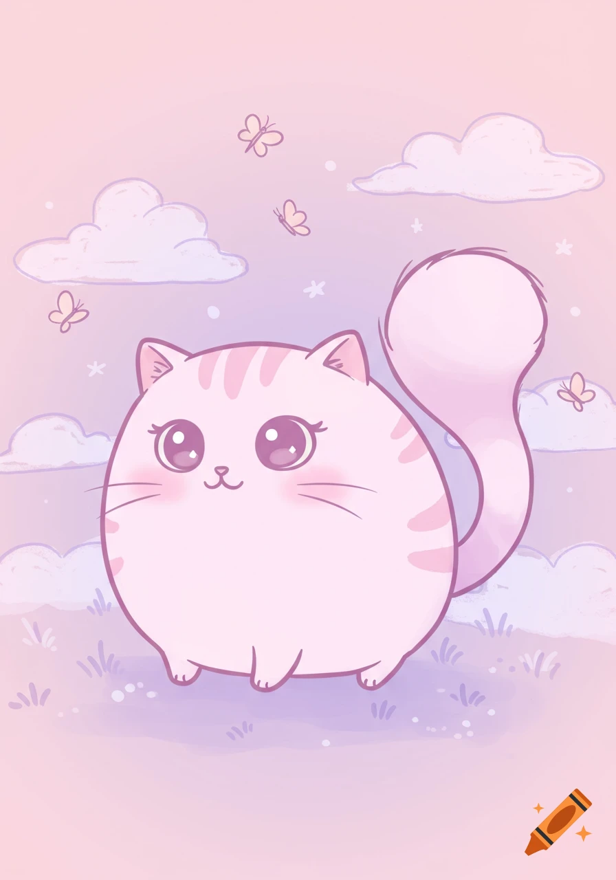 A cute, chubby pink doodle cat with stripes and big eyes sits in a pastel field with clouds and butterflies.