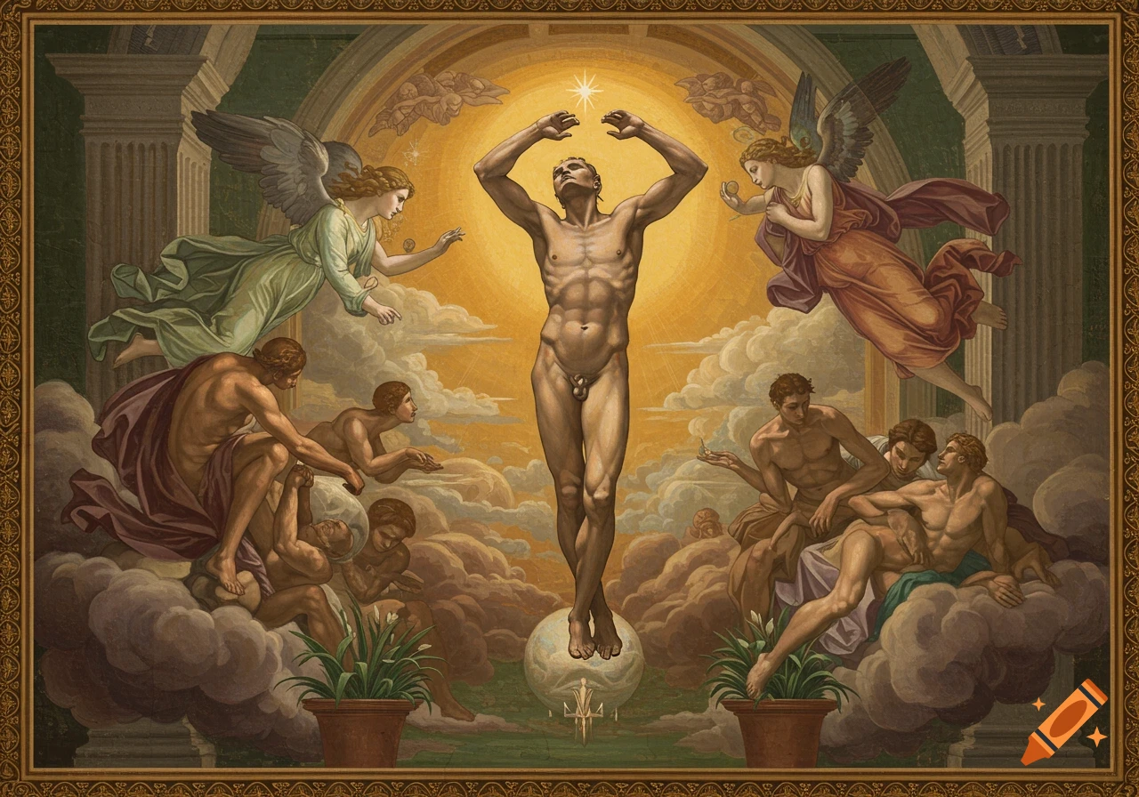 A classical painting in the style of Michelangelo, featuring a central nude male figure reaching upwards, surrounded by angels and other figures on clouds, under a bright star.