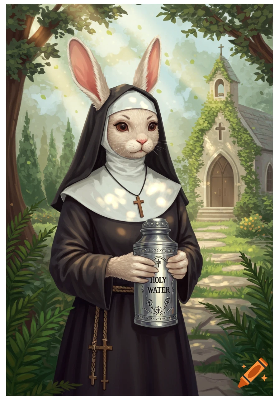 A whimsical illustration of a white bunny dressed as a nun holding a 'HOLY WATER' can in a forest with a church.