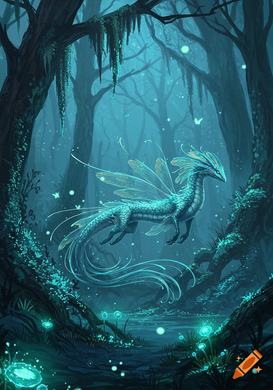Glowing teal dragon-like creature with translucent wings flying through a dark, magical forest with luminescent plants.