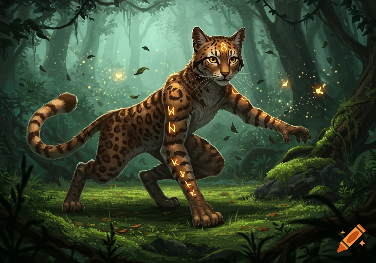 A majestic, spotted feline creature with glowing runes on its limbs and forehead crouches in a lush, misty jungle with glowing particles.