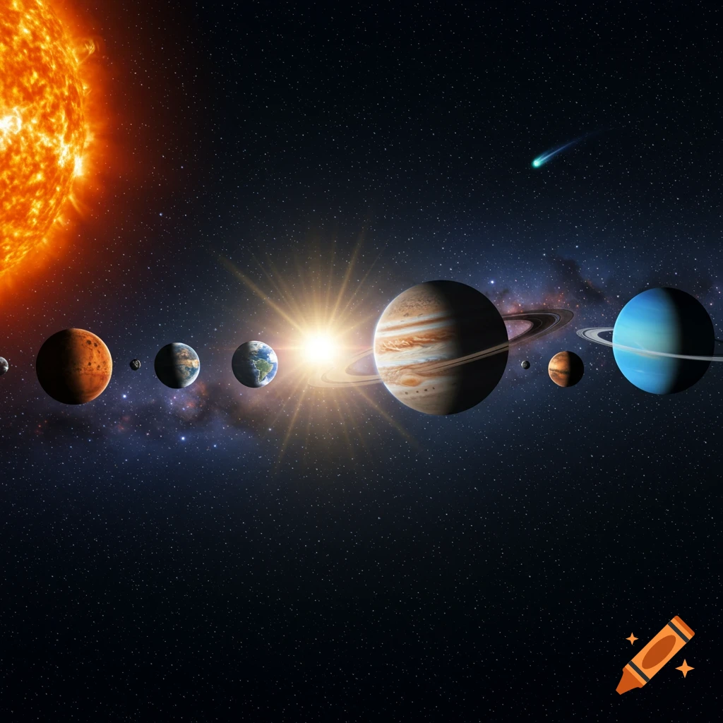 A vibrant depiction of the solar system with the sun, planets in orbit, and a comet, set against a starry dark blue space.