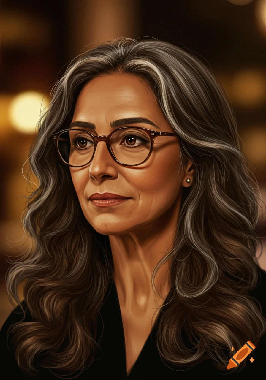 A stylized close-up portrait of a woman with wavy brown hair with silver streaks, wearing glasses and a black top.