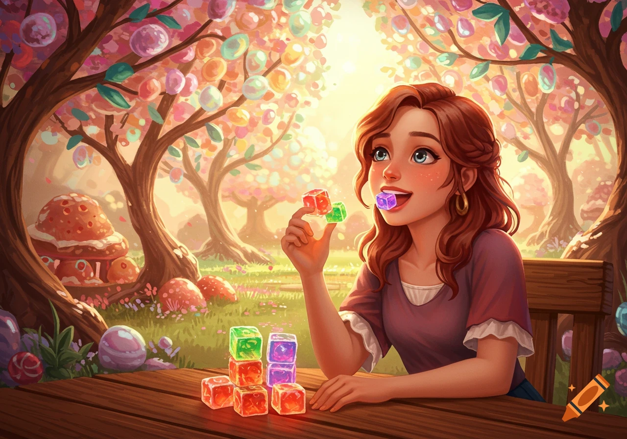 A whimsical illustration of a red-haired woman eating candy in a fantastical forest with colorful trees and mushroom houses, with stacked candy cubes on a table.