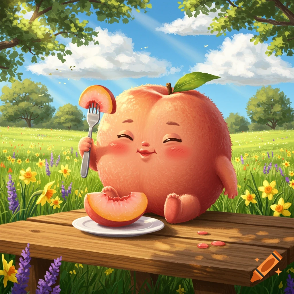 A cute, cartoon peach character sits at a picnic table in a sunny meadow, happily eating a slice of peach with a fork.