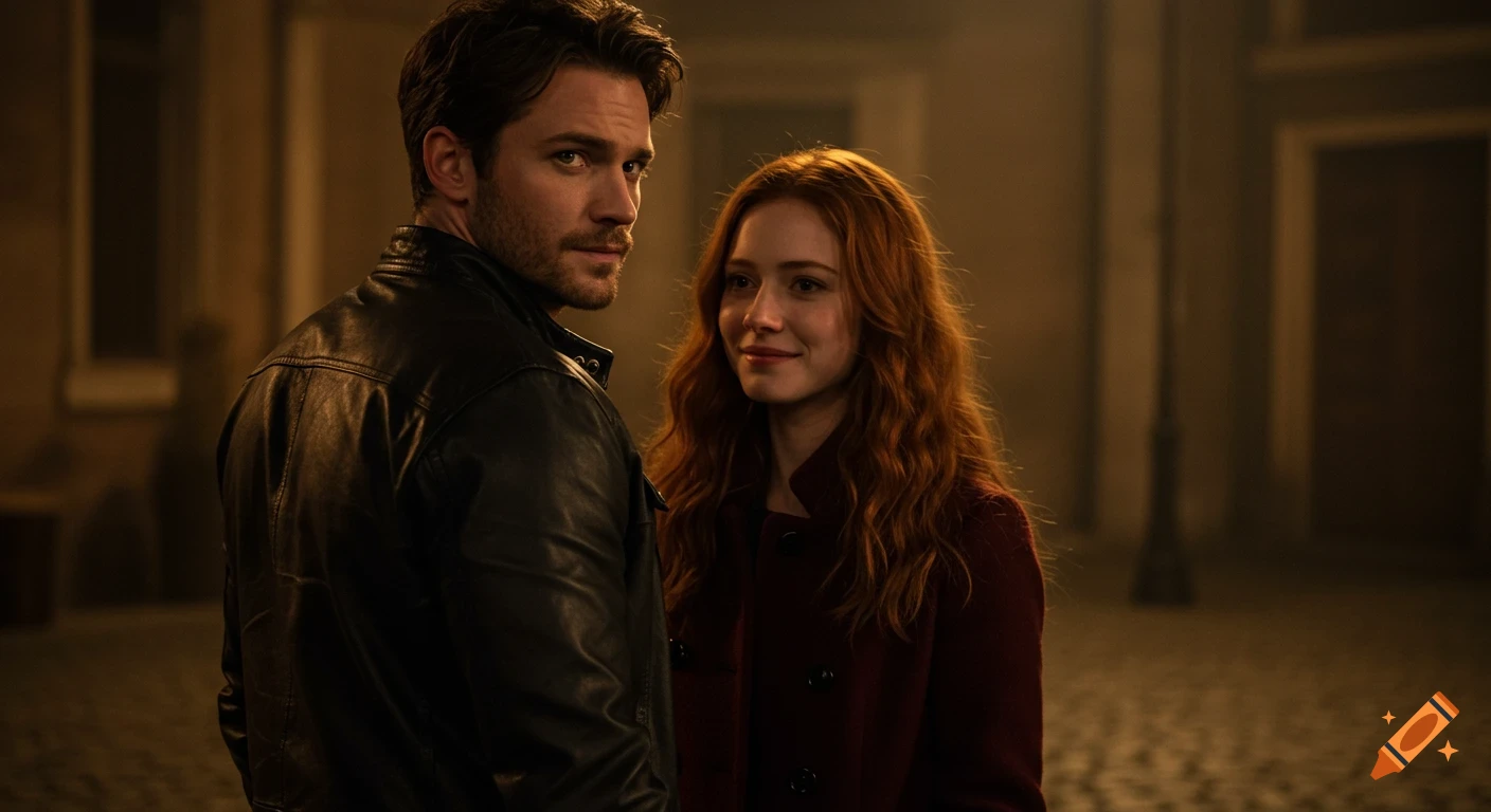Cinematic still of a man in a leather jacket looking towards a woman with auburn hair in a red coat, who smiles at him.