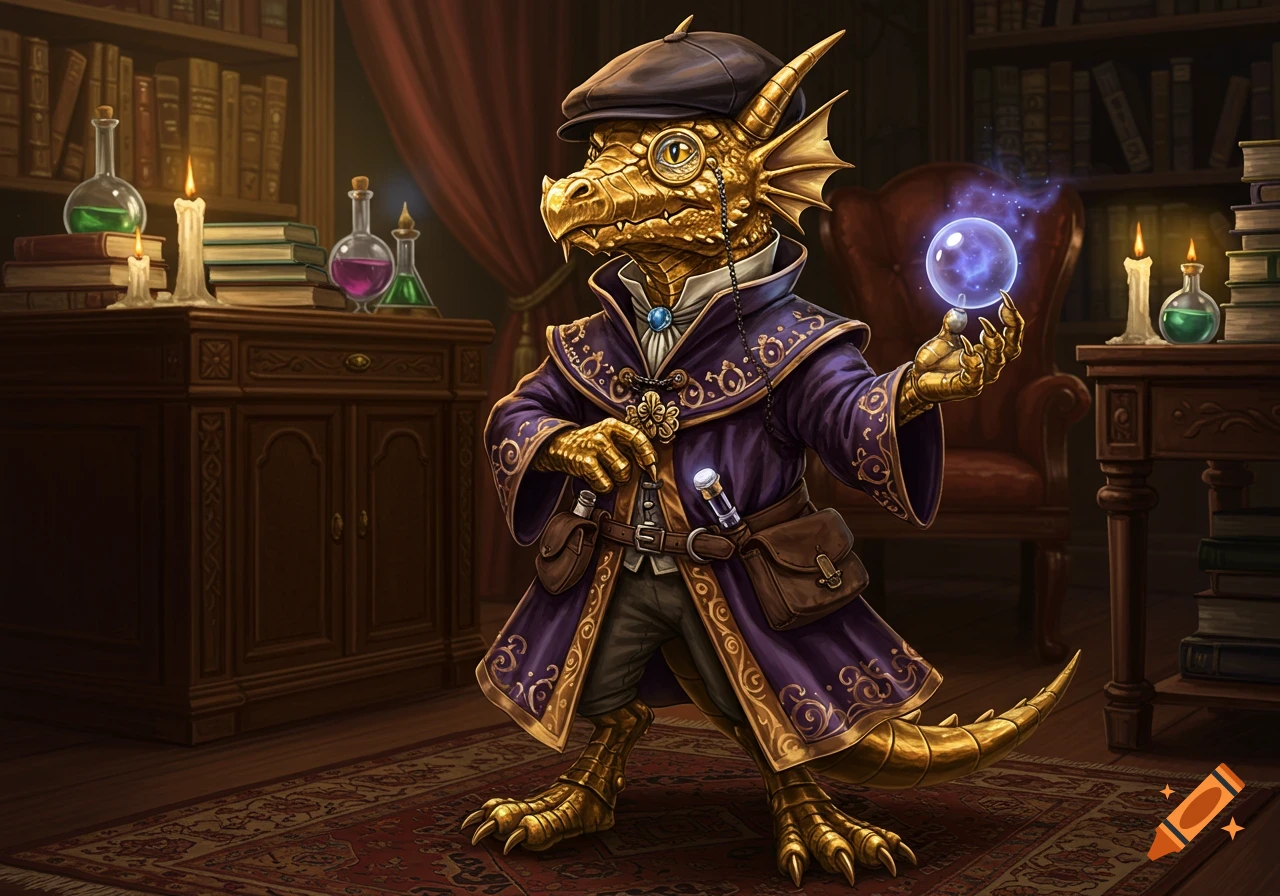 A brass-colored kobold in a purple wizard robe, flat cap, and monocle holds a glowing blue orb in a magical library.