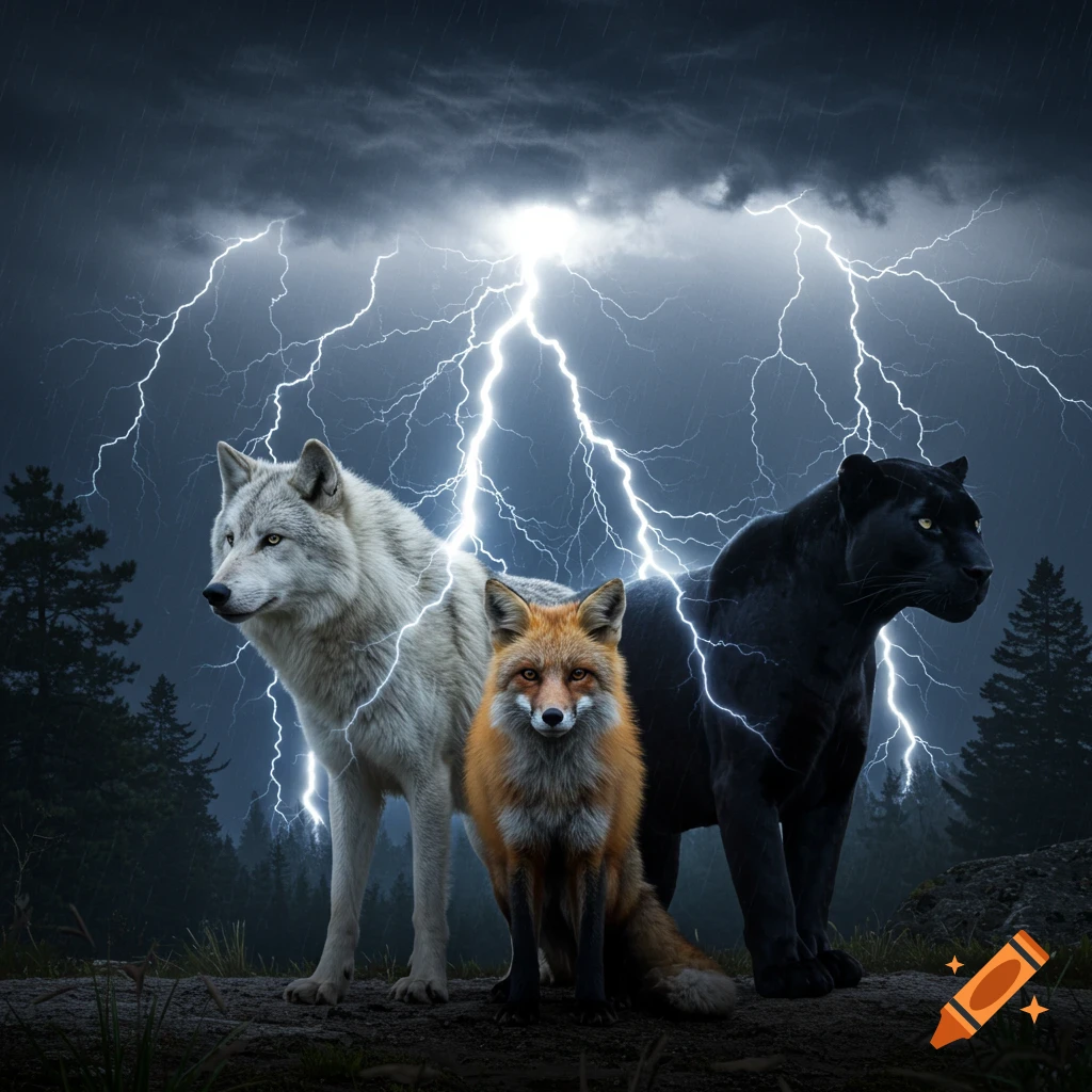 A white wolf, red fox, and black panther stand together in a stormy forest under bright lightning.