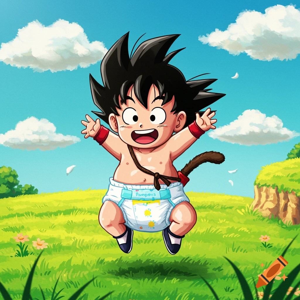 Baby Goku wearing a Pampers diaper, jumping joyfully in a sunny green field under a blue sky with clouds, in an anime style.