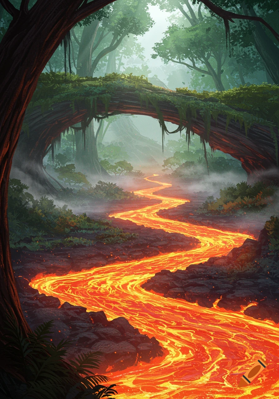 A vibrant river of molten lava snakes through a misty, lush green forest with an arching tree root forming a natural bridge.
